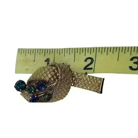 Vintage Brooch Mesh Ribbon Bow Blue & Green Rhinestone 1950s Gold Wash plated - Picture 7 of 10